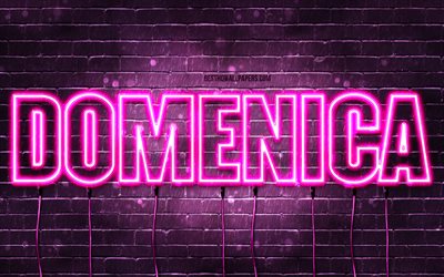 Domenica, 4k, wallpapers with names, female names, Domenica name, purple neon lights, Domenica Birthday, Happy Birthday Domenica, popular italian female names, picture with Domenica name