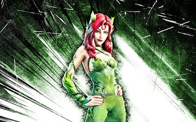 4k, Human Poison Ivy, grunge art, Fortnite Battle Royale, Fortnite characters, green abstract rays, Human Poison Ivy Skin, Fortnite, Human Poison Ivy Fortnite