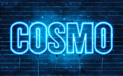 Cosmo, 4k, des fonds d&#39;&#233;cran avec des noms, le nom de Cosmo, des n&#233;ons bleus, Cosmo Anniversaire, Joyeux Anniversaire Cosmo, des noms masculins italiens populaires, une image avec le nom de Cosmo