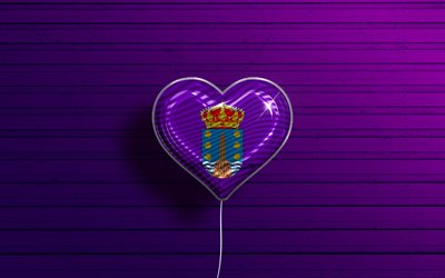 コルナが大好き, 4k, リアルな風船, 紫の木の背景, コルナの日, スペインの州, コルナの旗, スペイン, 旗が付いている気球, コルナ旗, コルナ