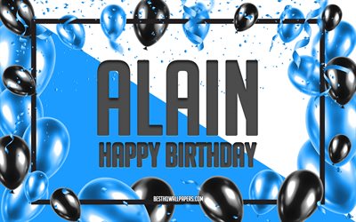 お誕生日おめでとうアラン, 誕生日用風船の背景, アラン, 名前の壁紙, アランお誕生日おめでとう, 青い風船の誕生日の背景, アランの誕生日