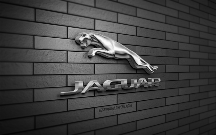 Logo Jaguar 3D, 4K, muro di mattoni grigio, creativo, marchi automobilistici, logo Jaguar, logo in metallo Jaguar, arte 3D, Jaguar
