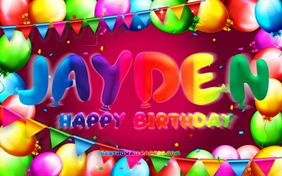 Buon compleanno Jayden, 4k, cornice palloncino colorato, nome Jayden, sfondo viola, buon compleanno Jayden, compleanno Jayden, nomi femminili americani popolari, concetto di compleanno, Jayden
