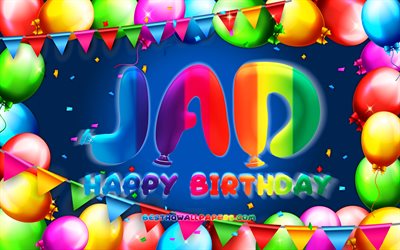 誕生日おめでとう, 4k, カラフルなバルーンフレーム, ジェイド名, 青い背景, ジェイドバースデー, 人気のあるアメリカ人男性の名前, 誕生日のコンセプト, ジェイド