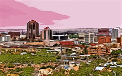 アルバカーキ, ニューメキシコ州, 4k, ベクトルアート, アルバカーキのデッサン, クリエイティブアート, アルバカーキアート, ベクトル描画, 抽象的な街並み, USA