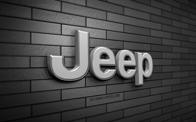 jeep 3d-logo, 4k, graue ziegelwand, kreativ, automarken, jeep-logo, 3d-kunst, jeep