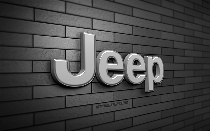 Jeep 3D logosu, 4K, gri brickwall, yaratıcı, otomobil markaları, Jeep logosu, 3D sanat, Jeep