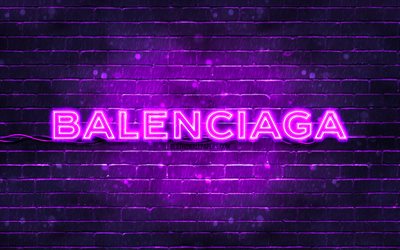 Balenciaga violet logo, 4k, violet brickwall, Balenciaga logo, brands, Balenciaga neon logo, Balenciaga