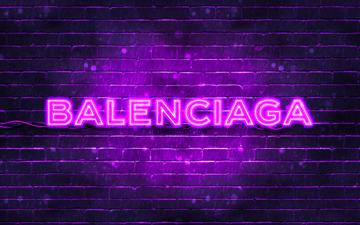 balenciaga violett-logo, 4k, violette ziegelwand, balenciaga-logo, marken, balenciaga-neon-logo, balenciaga