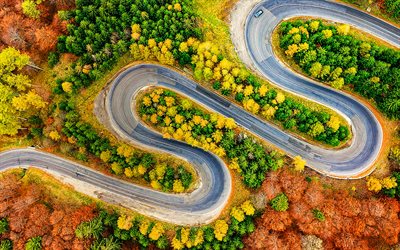 road serpentines, winding road, aerial view, summer, beautiful nature, forest, HDR, dry forest