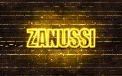Logo jaune Zanussi, 4k, brickwall jaune, logo Zanussi, marques, logo n&#233;on Zanussi, Zanussi