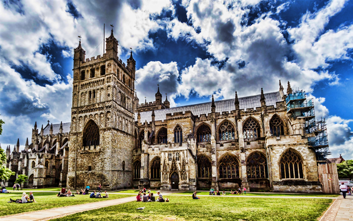 Exeterin katedraali, 4k, HDR, goottilainen arkkitehtuuri, englannin kaupungit, Exeter, Englanti, Iso-Britannia, Cathedral Church of Saint Peter, Yhdistynyt kuningaskunta