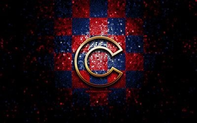 Chicago Cubs emblem, glitter logo, MLB, red blue checkered background, american baseball team, Major League Baseball, mosaic art, baseball, Chicago Cubs