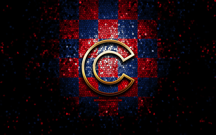 Emblema de los Cachorros de Chicago, logotipo de brillo, MLB, fondo a cuadros azul rojo, equipo de b&#233;isbol estadounidense, b&#233;isbol de las Grandes Ligas, arte de mosaico, b&#233;isbol, Cachorros de Chicago