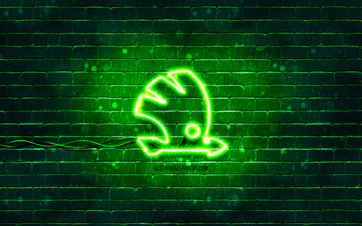 Skoda green logo, 4k, green brickwall, Skoda logo, cars brands, Skoda neon logo, Skoda