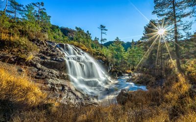 Waterfall, sun, forest, river, Norway, Kvitingen, Rogaland