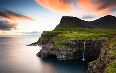 Mulafossur Waterfall, coast, Vagar Island, village, sea, Faroe Islands