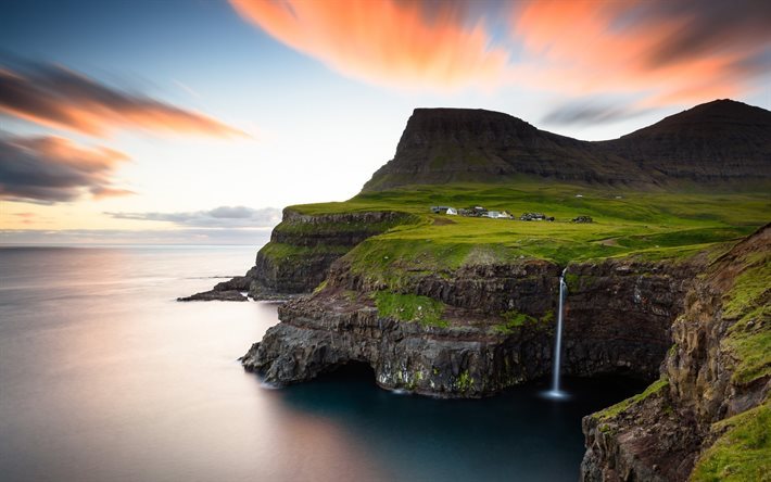 Mulafossur Cascata, costa, Isola di Vagar, villaggio, mare, Isole Faroe