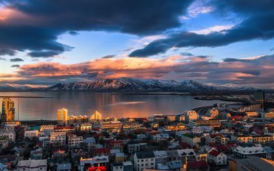 Reykjavik, fiyort, dağlar, G&#252;n batımı, İzlanda