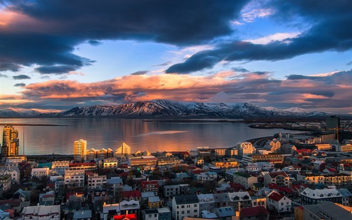 Reykjavik, fiordo, montagne, tramonto, Islanda