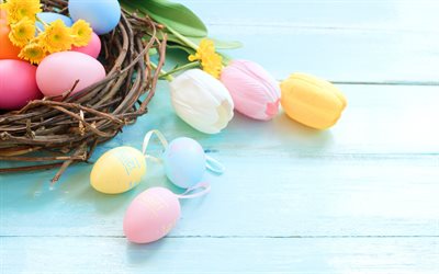 Happy Easter, spring, tulips, spring flowers, easter eggs, nest, eggs