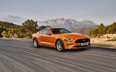 Ford Mustang GT, 2018, orange sports coupe, road, speed, orange Mustang, American sports cars, Ford