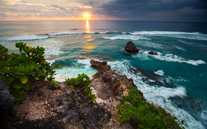 Bali, oc&#233;ano, puesta de sol, noche, litoral, paisaje, las olas, Indonesia