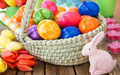 Easter eggs, decoration, rabbit, 2018, multi-colored Easter eggs, tulips, spring, Easter