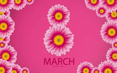 8 March, postcard, pink flowers, art, International Womens Day, spring holidays, womens holidays