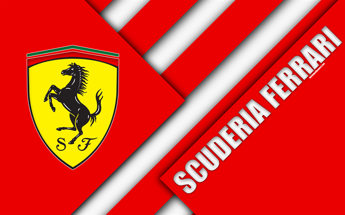 1 Scuderia Ferrari, 4k, İtalya, Form&#252;l, malzeme tasarım, kırmızı soyutlama, sanat, F1, yarış takımı, Ferrari