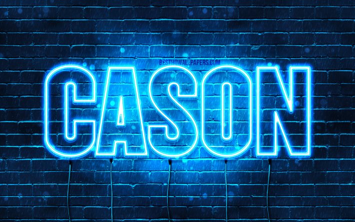 Cason, 4k, 壁紙名, テキストの水平, Cason名, 青色のネオン, 写真Cason名