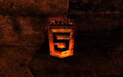 HTML5 brinnande logotyp, programmeringsspr&#229;k, orange sten bakgrund, kreativa, HTML5 logotyp, programmeringsspr&#229;k tecken, HTML5
