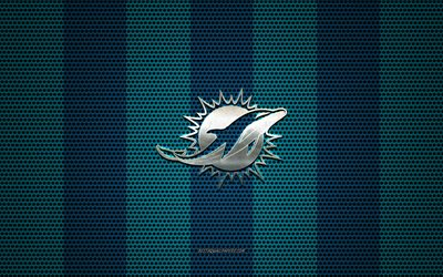 Miami Dolphins logo, American football club, metal emblem, blue black metal mesh background, Miami Dolphins, NFL, Miami, Florida, USA, american football
