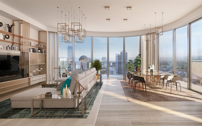 apartamentos de luxo, um design interior moderno, sala de estar elegante design, apartamentos, Miami, EUA