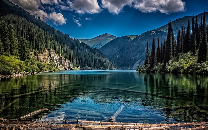 Meio Kolsay Lago, Montanhas Tian Shan, lago de montanha, paisagem de montanha, floresta, montanhas, Kolsay Parque Nacional Lagos, Kolsay Lagos, Almaty, Cazaquist&#227;o