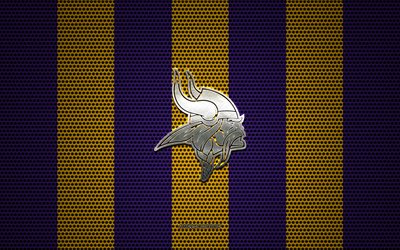 Minnesota Vikings logotyp, Amerikansk football club, metall emblem, lila-gul metall mesh bakgrund, Minnesota Vikings, NFL, Minneapolis, Minnesota, USA, amerikansk fotboll