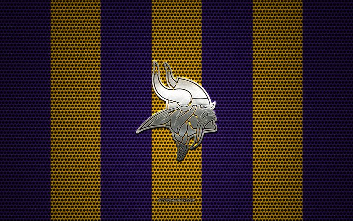 Minnesota Vikings logo, American football club, metal emblem, purple yellow metal mesh background, Minnesota Vikings, NFL, Minneapolis, Minnesota, USA, american football