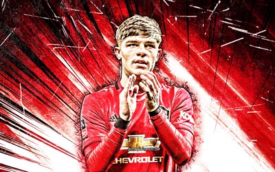 Brandon Williams, grunge art, 4k, Manchester United FC, english footballers, Premier League, Brandon Paul Brian Williams, red abstract rays, soccer, football, Man United, Brandon Williams 4K