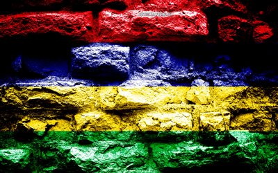 Mauritius flag, grunge brick texture, Flag of Mauritius, flag on brick wall, Mauritius, flags of Africa countries