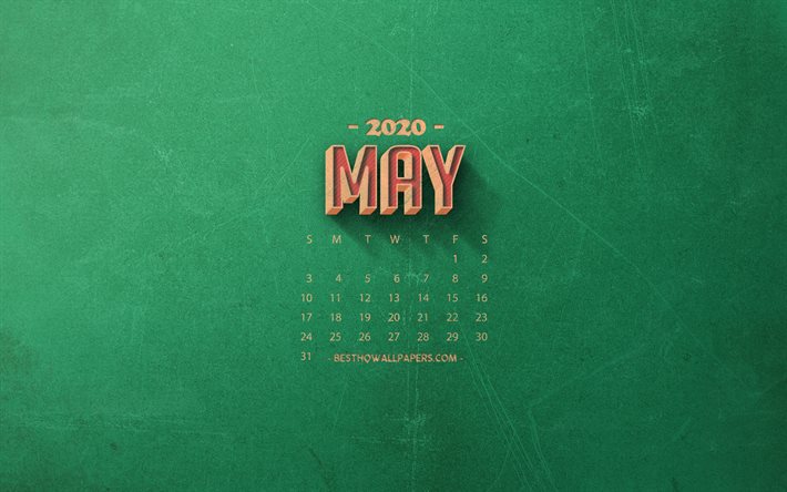 2020 Calendario de Mayo, verde retro de fondo, 2020 primavera calendarios, Puede 2020 Calendario, retro, arte, 2020 calendarios, Puede