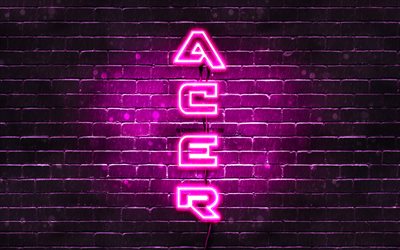 4K, Acer mor logo, dikey metin, mor brickwall, Acer neon logo, yaratıcı, Acer logo, resimler, Acer