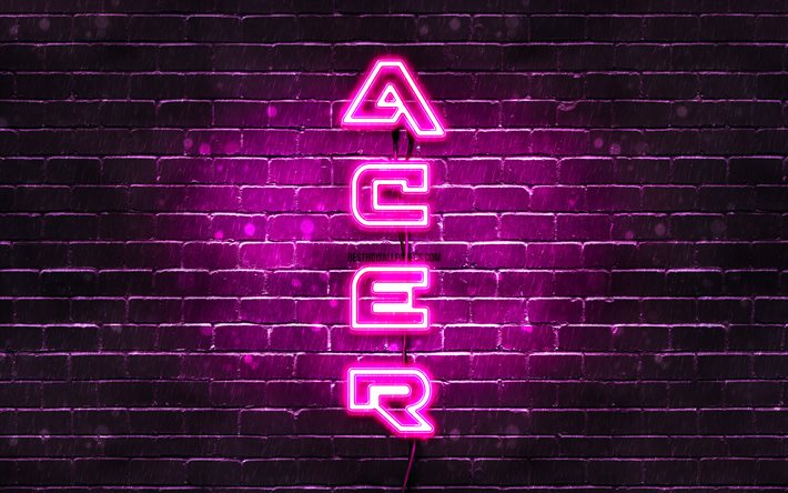 4K, Acer violetti logo, pystysuora teksti, violetti brickwall, Acer neon-logo, luova, Acer-logo, kuvitus, Acer