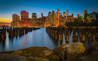 New York City, Manhattan, evening, sunset, skyline, 1 World Trade Center, NY cityscape, New York, USA