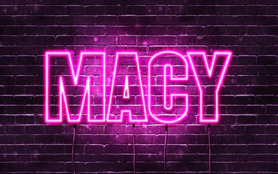 Macy, 4k, wallpapers with names, female names, Macy name, purple neon lights, horizontal text, picture with Macy name
