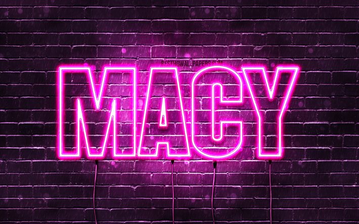 Macy&#39;, 4k, tapeter med namn, kvinnliga namn, Macy namn, lila neon lights, &#246;vergripande text, bild med Macy namn