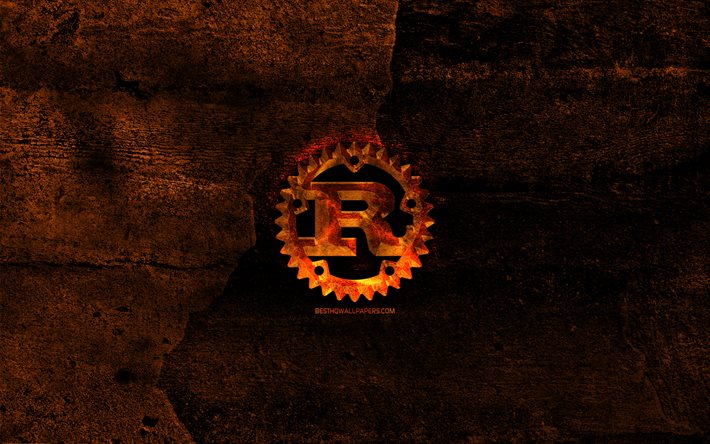 Rust fiery logo, programming language, orange stone background, creative, Rust logo, programming language signs, Rust