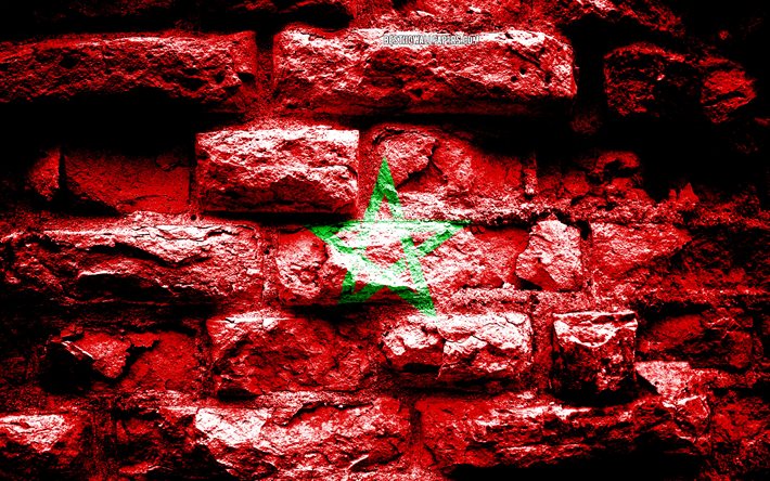 Marocko flagga, grunge tegel konsistens, Flaggan i Marocko, flaggan p&#229; v&#228;ggen, Marocko, flaggor av Afrika l&#228;nder