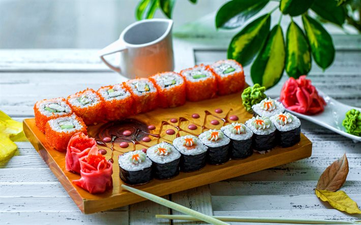sushi, 4k, comida asi&#225;tica, rollos, maki, uramaki, fastfood