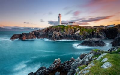 lighthouse, evening, sunset, coast, bay, rocks, Ireland