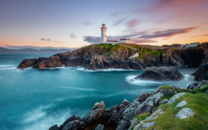 Deniz Feneri, akşam, G&#252;n batımı, sahil, deniz, kayalar, İrlanda